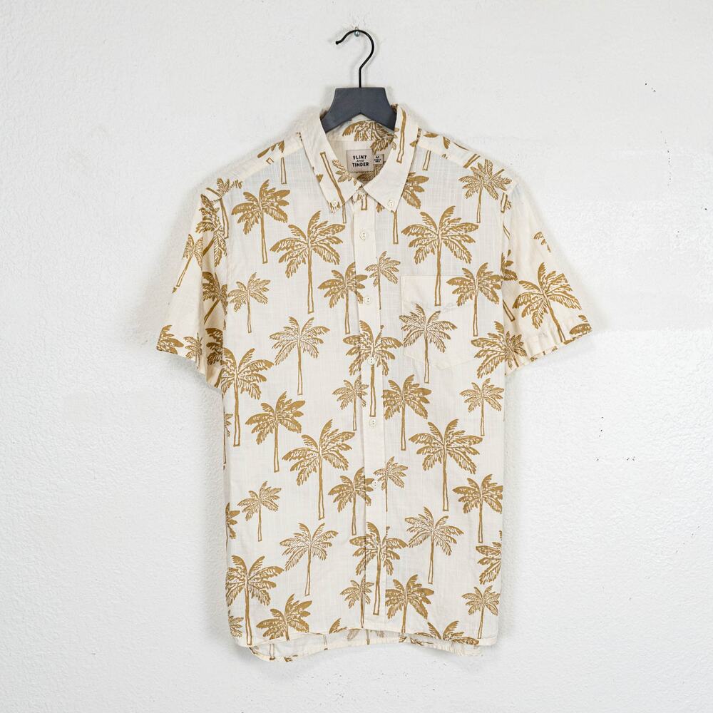 Flint and Tinder Classic Slub Palm Print Short Sleeve Shirt Sand beige sz Medium